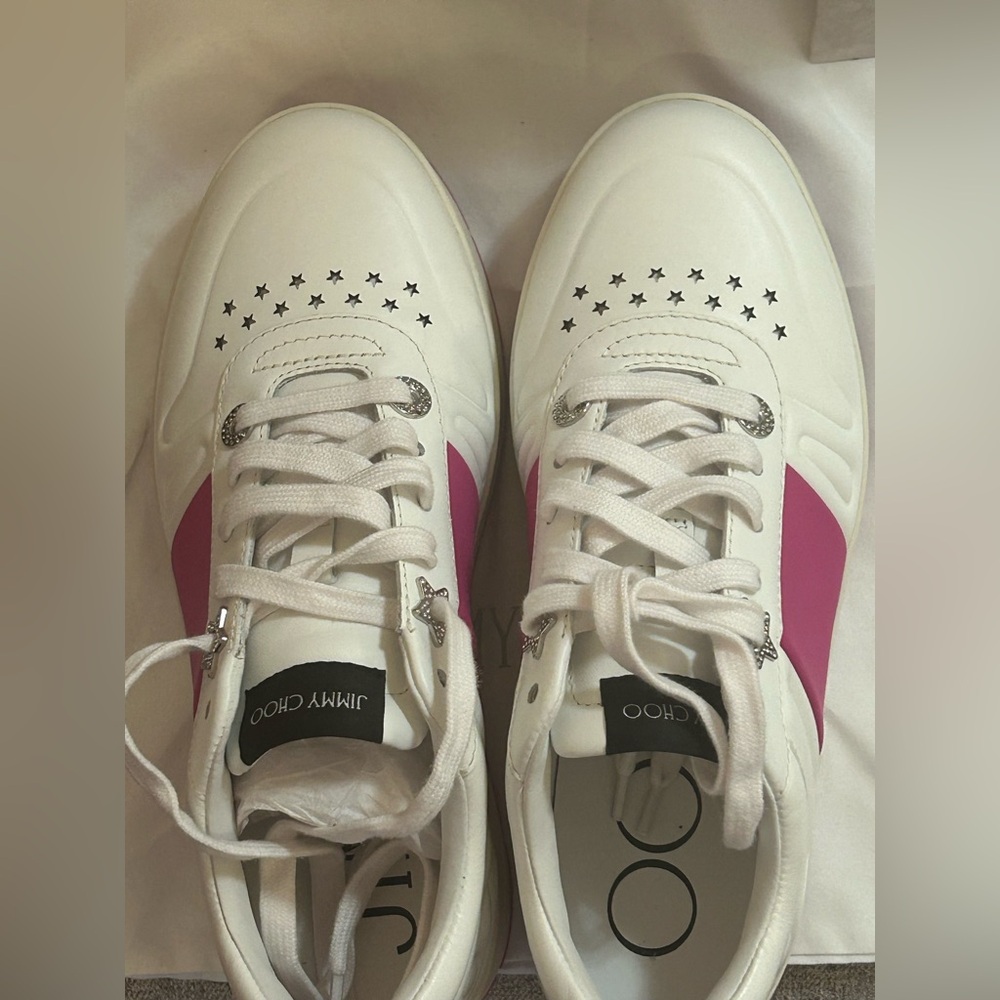 PRISTINE Jimmy Choo Hawaii Leather Stripe Flatform Sneakers - Picture 9 of 12